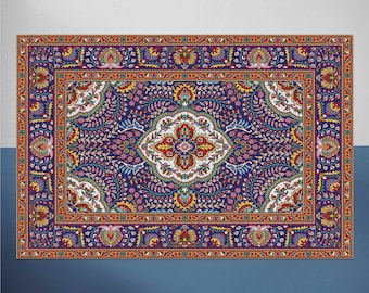 Very Decorative Vinyl Mat, Retro Vinyl Mat, Purple and Orange Vinyl Rug, Linoleum Rug, Area Rug, Kitchen Mats For Floor