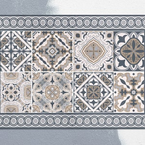 Ornamental Tiles Vinyl Mat, Beige Vinyl Rug, Gray Linoleum Rug, Tile Vinyl Floor Mat, Floor Mat, Decorative Mat, Vinyl Rugs and Mats