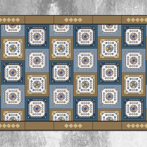 Tile Aztec Gold Navy Patern Vinyl Mat, Bronze Linoleum Rug, Blue Vinyl Floor Mat, Tile Vinyl Rug, Kitchen Mat, Area Rug, Vinyl Rugs and Mats