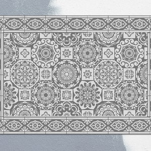 Greek Of Olive Rosette Tiles Vinyl Mat, Gray Vinyl Floor Mat, Beige Vinyl Rug, Tile Linoleum Rug, Floor Mat, Decorative Mat, Comfort Mat