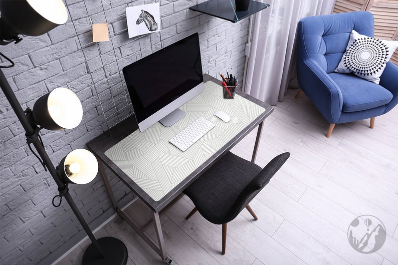 Grijze lijnen bureauonderlegger, zilveren toetsenbordmat, witte bureaubeschermer, geometrische bureaulegger, kantoorinrichting, bureaumat, kinderkamerdecor afbeelding 3