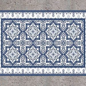 Navy Blue White Gothic Tiles Vinyl Mat, Tile Vinyl Rug, Blue and White Vinyl Rug, Kitchen Mat, Area Rug, Kitchen Mats For Floor