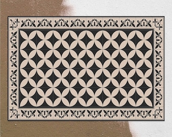 Black On Cappuccino Tiles Vinyl Rug, Elegant Vinyl Mat, Beige and Black Vinyl Floor Mat, Floor Mat, Vinyl Flooring, Comfort Mat