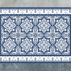 Amenian Native Blue Rug Vinyl Mat, Blue Vinyl Floor Mat, Navy Vinyl Rug, Tile Linoleum Rug, Kitchen Mat, Kitchen Decor, Vinyl Rugs and Mats