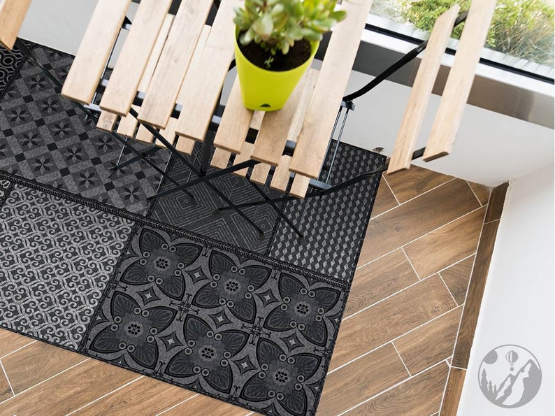 Patchwork Vinyl Rug, Eclectic Vinyl Rug, Gray and Black Vinyl Floor Mat