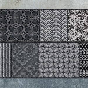 Ethno Patchwork Dark Gray Vinyl Mat, Navy Vinyl Floor Mat, Gray Vinyl Rug, Patchwork Linoleum Rug, PVC Mat, Area Rug, Comfort Mat