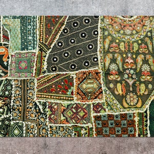 Op de afbeelding: Een kleurrijk patchwork-deken met ingewikkelde borduursels en kralen. Het deken is gemaakt van verschillende stoffen in tinten groen, bruin, rood en goud. Het deken is een traditioneel Indiaas ambacht.