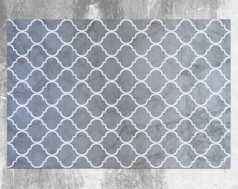 May include: A blue and white geometric pattern rug with a distressed, vintage look. The pattern is a repeating design of white quatrefoils on a blue background.