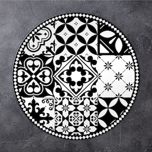 Seia Vinyl Mat, Round Vinyl Mat, Tile Round Rug, Black and White Vinyl Floor Mat, Kitchen Mat, Area Rug, Vinyl Rugs and Mats