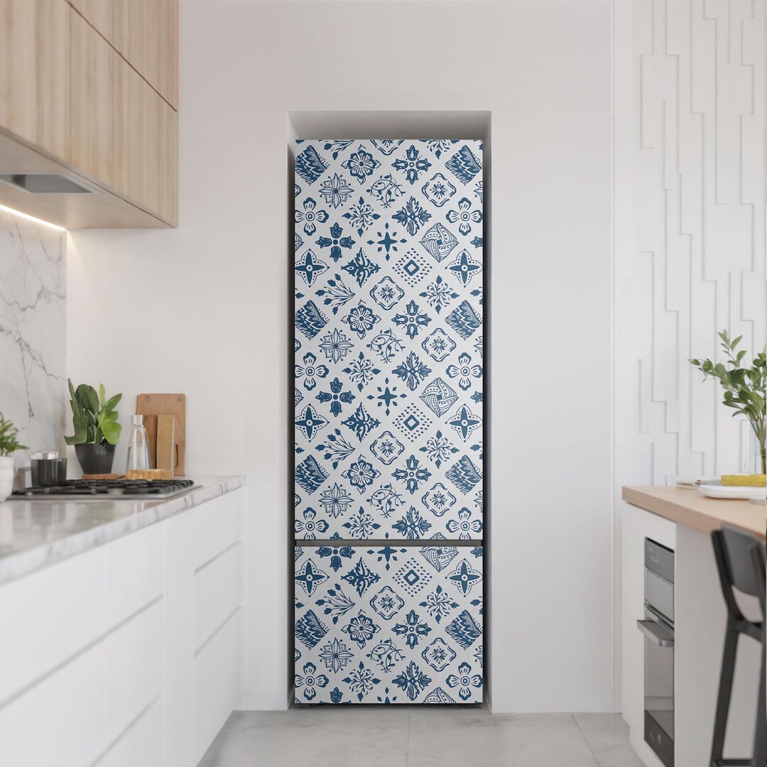 Patterned Refrigerator Pattern With Floral Motifs Fridge Magnetic Decal, Blue Stylish Fridge ...