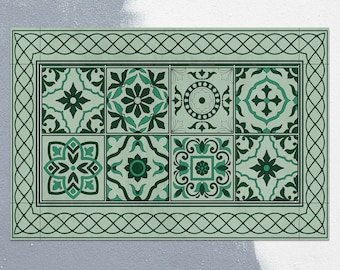Groene siertegels in een decoratieve vinylmat, groen linoleumtapijt, mintvinylvloermat, vinyltapijt tegels, linoleummat, karpet, kunstmat