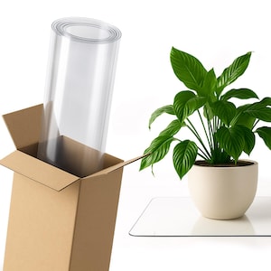 May include: A roll of clear plastic sheeting partially emerges from a cardboard box. A potted green plant with large leaves sits nearby on a white surface. The scene is set against a white background, highlighting the products.