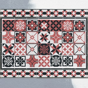 Burgundy Portugal Tiles Vinyl Mat, Black Linoleum Rug, Red Vinyl Floor Mat, Tile Vinyl Rug, Kitchen Mat, Decorative Mat, Nursery Mat