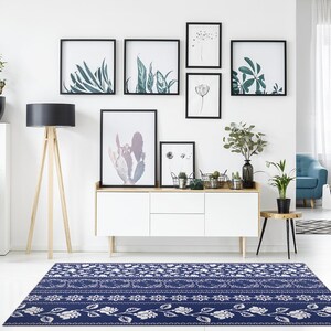 Bohemian Borders White Floral Vinyl Mat, Blue Vinyl Floor Mat, White ...