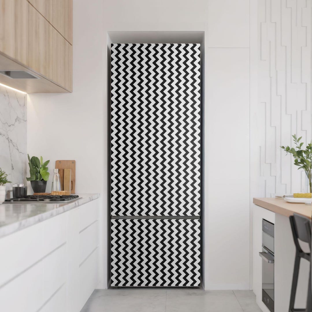 Zigzag Pattern in Lines Refrigerator Decal, Black Fridge Wrap Sticker ...