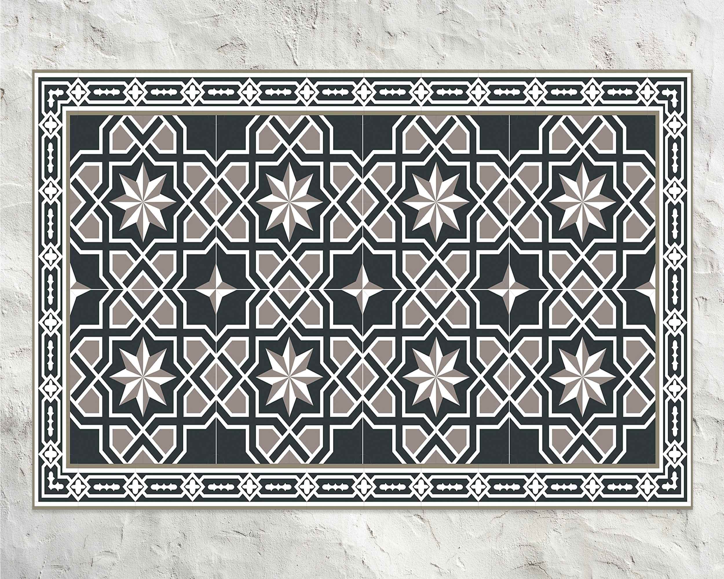 Gray Beige Ornamental Star Vinyl Floor Mat, Tile Vinyl Rug, Gray and