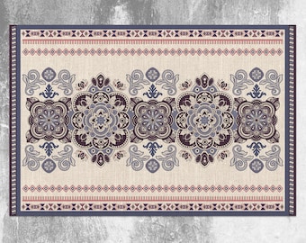 Ancient Purple Flowers Vinyl Mat, Beige Linoleum Rug, Purple Vinyl Floor Mat, Ornament Vinyl Rug, Kitchen Mat, Kitchen Decor, Comfort Mat