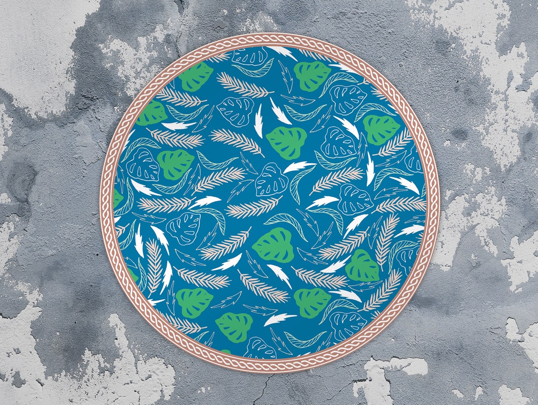 Honolulu Round Rug, Round Vinyl Mat, Tropical Vinyl Floor Mat, Blue and