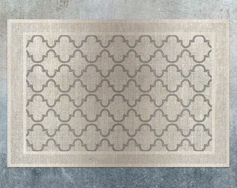 May include: A beige area rug with a geometric pattern in a darker beige color. The rug has a white border.