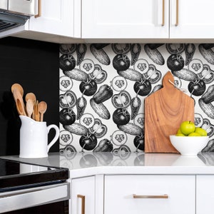 Monochrome Vegetables Panel Stickers, Self Adhesive Panels, Food Panel Stickers, Black and white Decal Decor, Wall Panel Stickers