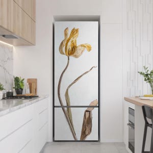 Withered Tulip Flower Refrigerator Decal, Yellow Fridge Wrap Sticker, Kitchen Stickers, Dining-Room Decoration