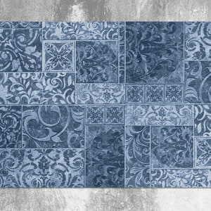 Dark Blue Abstract Fauna Vinyl Mat, Blue Vinyl Floor Mat, Navy Vinyl Rug, Ornament Linoleum Rug, Kitchen Mat, Area Rug, Comfort Mat