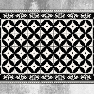 Regular Black Coffee Floral Vinyl Mat, Black Linoleum Rug, White Vinyl Floor Mat, Tile Vinyl Rug, PVC Mat, Kitchen Decor, Vinyl Rugs and Mat