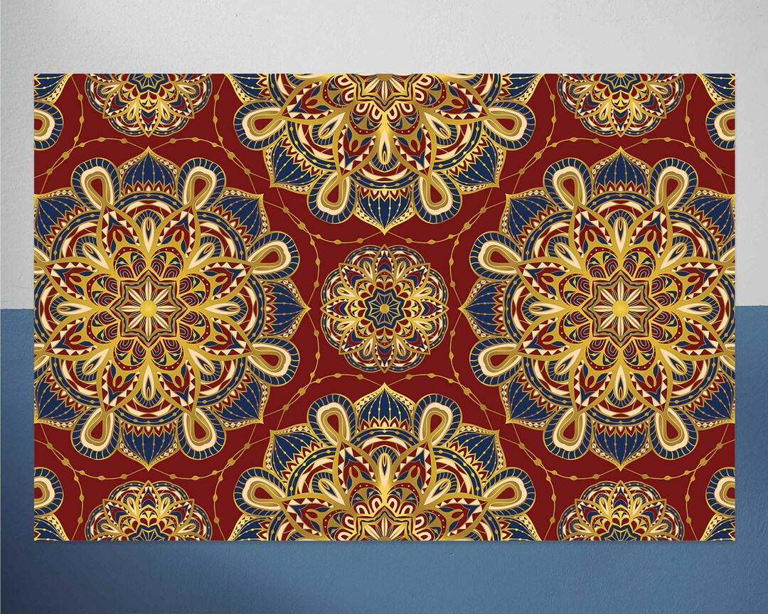 Yellow Mandalas and Red Background Vinyl Floor Mat, Oriental Vinyl ...