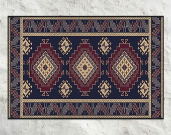 Oriental Pattern With Diamonds Vinyl Mat, Ethnic Vinyl Floor Mat, Blue and Purple Vinyl Rug, Linoleum Mat, Area Rug, Kitchen Mats For Floor