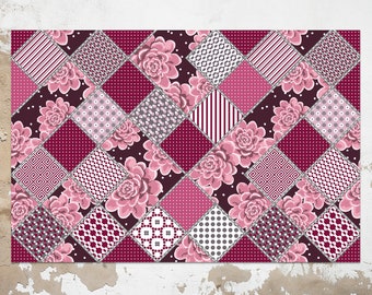 Pink Floral Vinyl Mat, Pink Vinyl Floor Mat, Purple Vinyl Rug, Patchwork Linoleum Rug, Linoleum Mat, Decorative Mat, Kitchen Mats For Floor