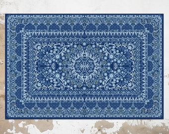 May include: A blue and white patterned rug with a floral design. The rug has a border with a repeating pattern of arches.