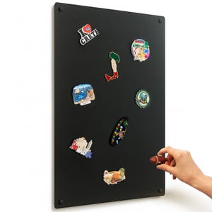 Può includere: Una lavagna magnetica nera con vari magneti souvenir attaccati. I magneti presentano immagini e testo da luoghi diversi. Una mano sta posizionando un piccolo magnete a forma di pesce rosso sulla lavagna.