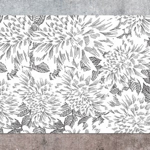 Drawing Of Chrysanthemum Vinyl Mat, Gray Linoleum Rug, White Vinyl Floor Mat, Flowers Vinyl Rug, Linoleum Mat, Decorative Mat, Comfort Mat