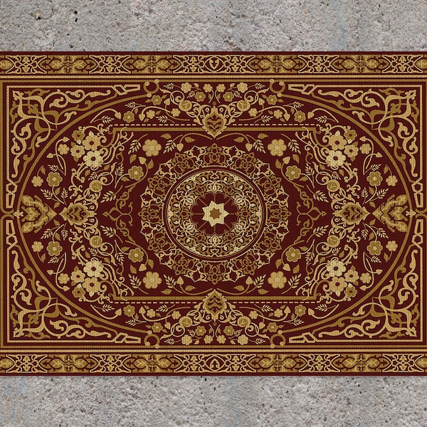 Persian Richly Decorated Burgundy Vinyl Floor Mat, Persian Vinyl Mat, Red and Yellow Vinyl Mat, Linoleum Mat, Kitchen Decor, Comfort Mat