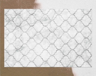 May include: White marble tile with a gray geometric pattern. The pattern is a repeating design of interlocking ovals.