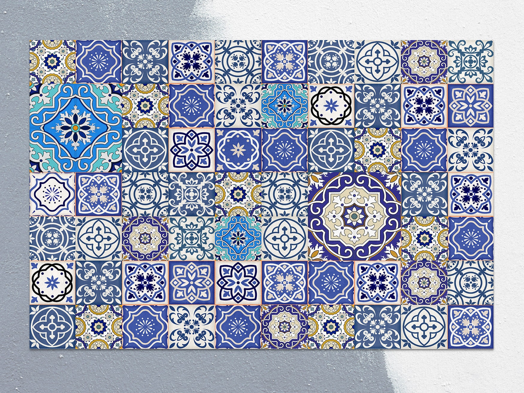 Niebieskie płytki Portugalia Dywan Winylowy Mat, Niebieskie Dywaniki Winylowe, Beżowy Dywan Winylowy, Dywanik Linoleum Płytki, Mata Linoleum, Podłoga Winylowa, Mata Komfortowa