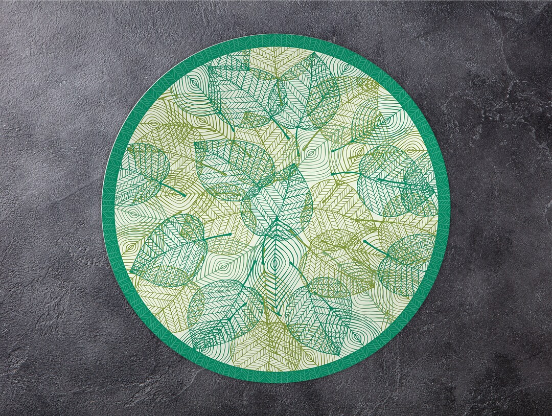 Leaf Vinyl Mat, Round Vinyl Mat, Plants Round Rug, Green and White Vinyl Floor Mat, Kitchen Mat