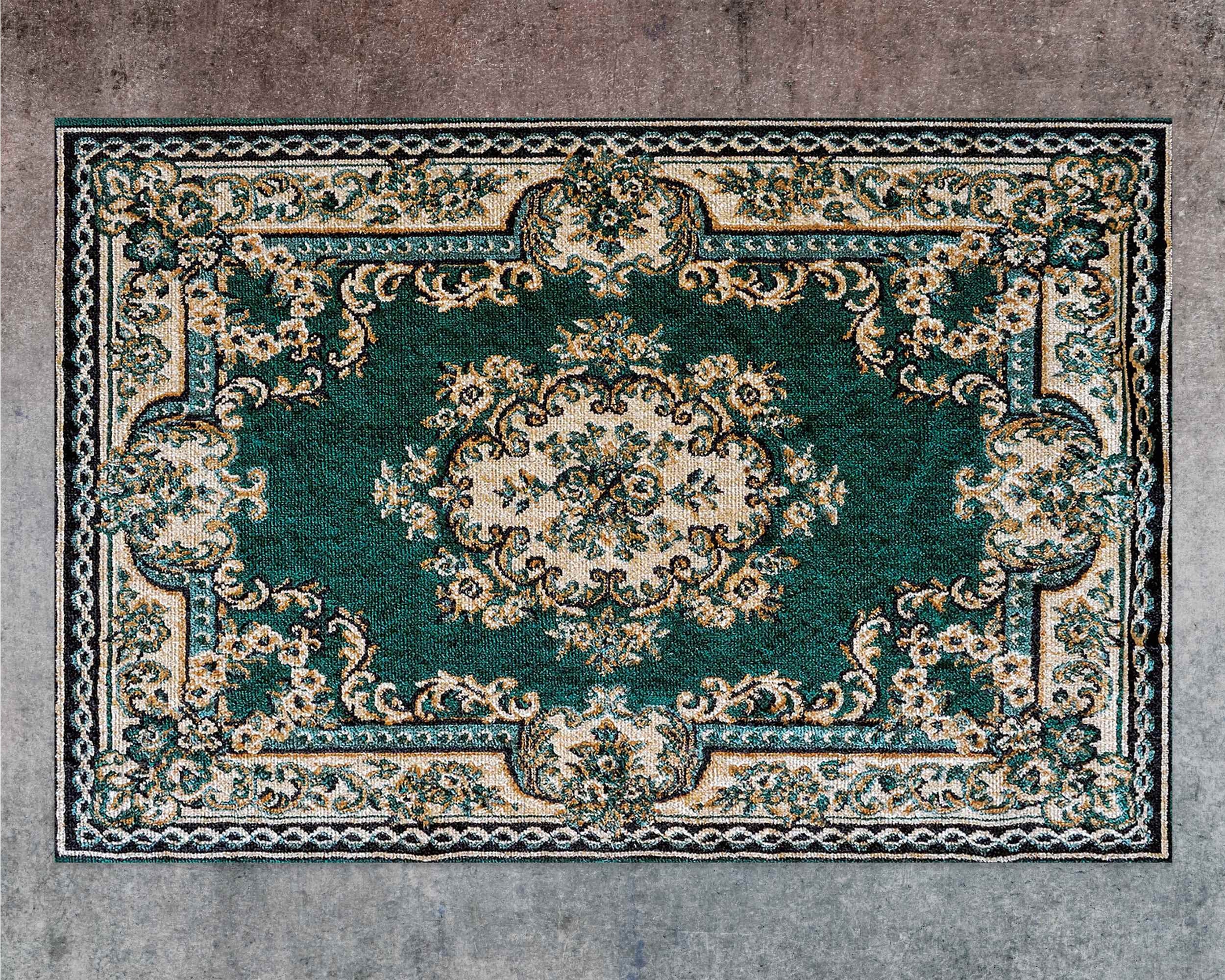 Royal Emerald Floral Pattern Vinyl Floor Mat, Retro Vinyl