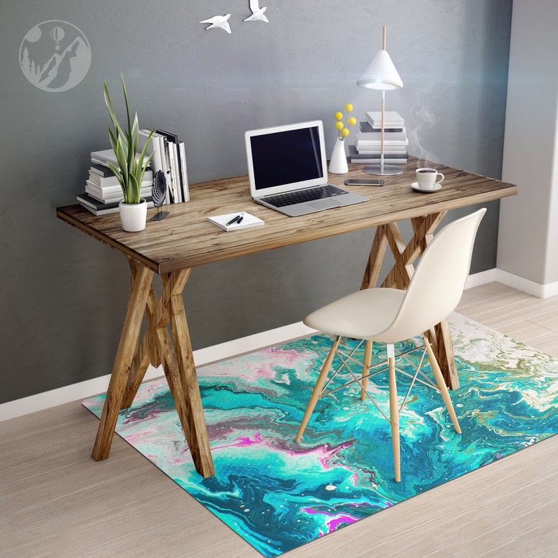Abstract Turquoise Chair Mat, Blue Protective Mat, Pink Splat Mat, Marble Vinyl Floor Mat, Chair Pad, Area Rug, Kids Room Decor, Splash Mat image 3