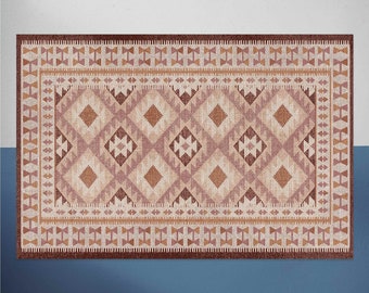 Coral Dirty Pink Nordic With Burgundy Frame Vinyl Mat, Oriental Vinyl Mat, Pink and Beige Vinyl Rug, Linoleum Rug, Area Rug, Comfort Mat