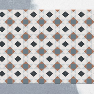 Regelmatige geometrische oranje grijze vinylmat, grijs vinyltapijt, oranje linoleumtapijt, vinyltegelvloermat, vloermat, decoratieve mat, kunstmat