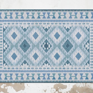 Zoutwaterblauw noords tapijt vinylmat, blauw linoleumtapijt, turkoois vinylvloermat, noords vinyltapijt, vloermat, keukendecor, kunstmat
