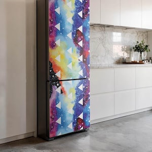 Triangles On A Watercolor Background Refrigerator Wrap, Blue Fridge Sticker, Housewarming Gift, Kitchen Stickers