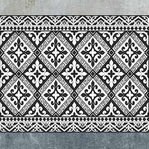 Pattern Gothic Vinyl Mat, White Linoleum Rug, Black Vinyl Floor Mat, Tile Vinyl Rug, Floor Mat, Decorative Mat, Vinyl Rugs and Mats