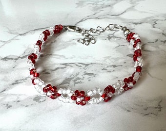 FLEURI - Blümchen-Perlen-Armband | Perlenarmband | Perlen Blumen Schmuck | rot weiß