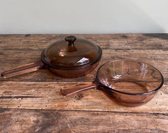 Vintage Corning Visions Amber Glass Cookware Set - 2 Saucepans & 1 Lid - Made in France/USA - Retro 1980s Stove-to-Table Glass Pot Set