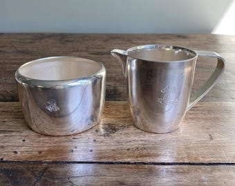 Rare Vintage Morton-Parker Marlboro Plate Creamer & Sugar Set - Canadian Heraldic Dragon Crest - MCM Silver Plate
