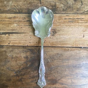 May include: A silver serving spoon with an ornate, heart-shaped bowl and a long, detailed handle. The spoon's design features floral and scrollwork patterns, reflecting a vintage aesthetic. The spoon is made of a shiny, reflective metal.