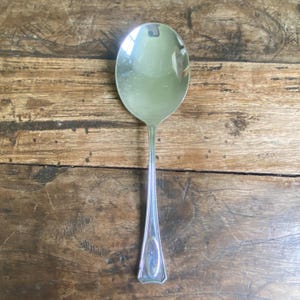 May include: A silver serving spoon with an oval bowl and a long, slender handle. The handle features a decorative, elongated oval design near the base. The spoon is set against a rustic wooden background.