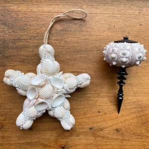 May include: A star-shaped ornament crafted from white seashells and small white beads with a jute twine loop, alongside a spherical sea urchin shell ornament featuring a dark brown, pointed wooden finial and a matching dark brown cap.
